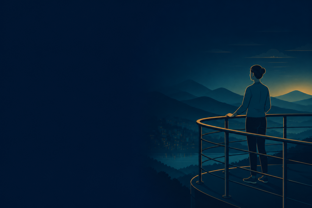 Ilustração vetorial de uma pessoa observando uma paisagem elevada com segurança, representando o tratamento da acrofobia