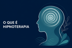 Ilustração editorial de um perfil humano estilizado com uma espiral de foco na mente, sobre fundo azul escuro, representando o estado de concentração da hipnoterapia.