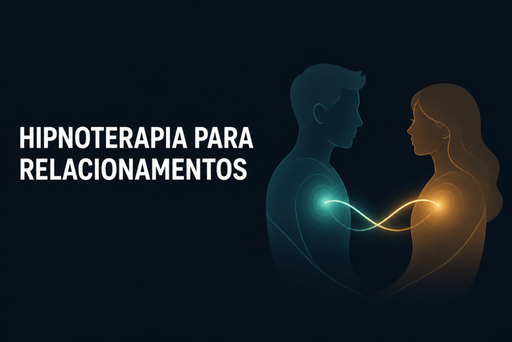 Ilustração vetorial de duas silhuetas humanas conectadas por uma linha suave sobre fundo escuro, representando a conexão emocional trabalhada na hipnoterapia para relacionamentos.