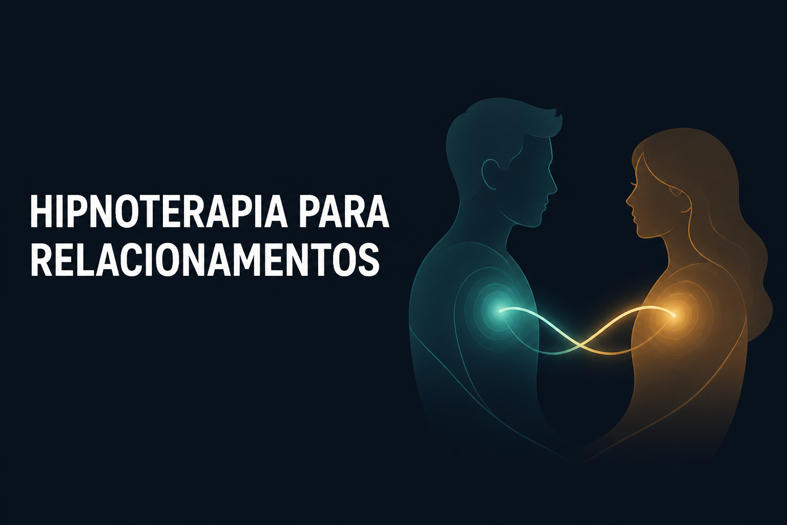 Ilustração vetorial de duas silhuetas humanas conectadas por uma linha suave sobre fundo escuro, representando a conexão emocional trabalhada na hipnoterapia para relacionamentos.