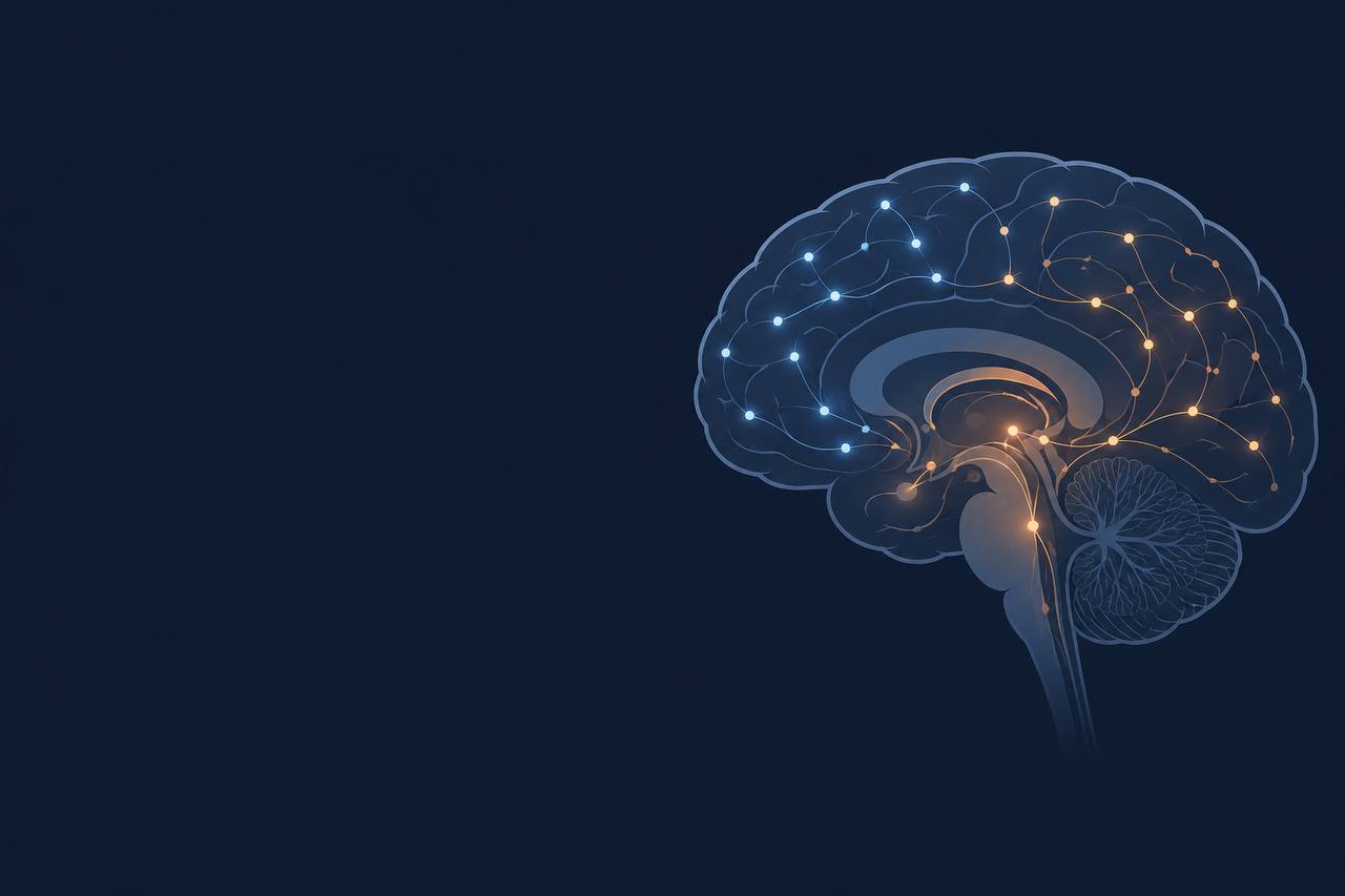 Ilustração vetorial de um cérebro humano com conexões neurais iluminadas, representando a atividade cerebral durante a hipnose