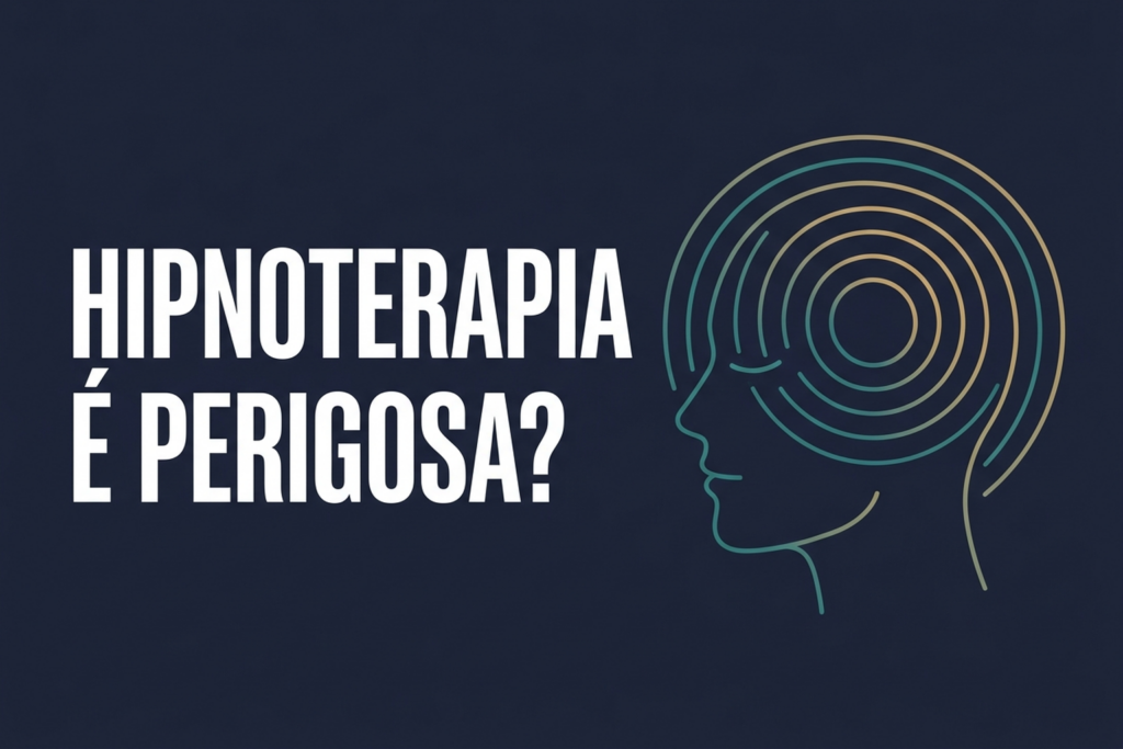 Ilustração editorial: cabeça humana em line-art com círculos concêntricos, fundo azul-marinho, sobre a segurança da hipnoterapia clínica.