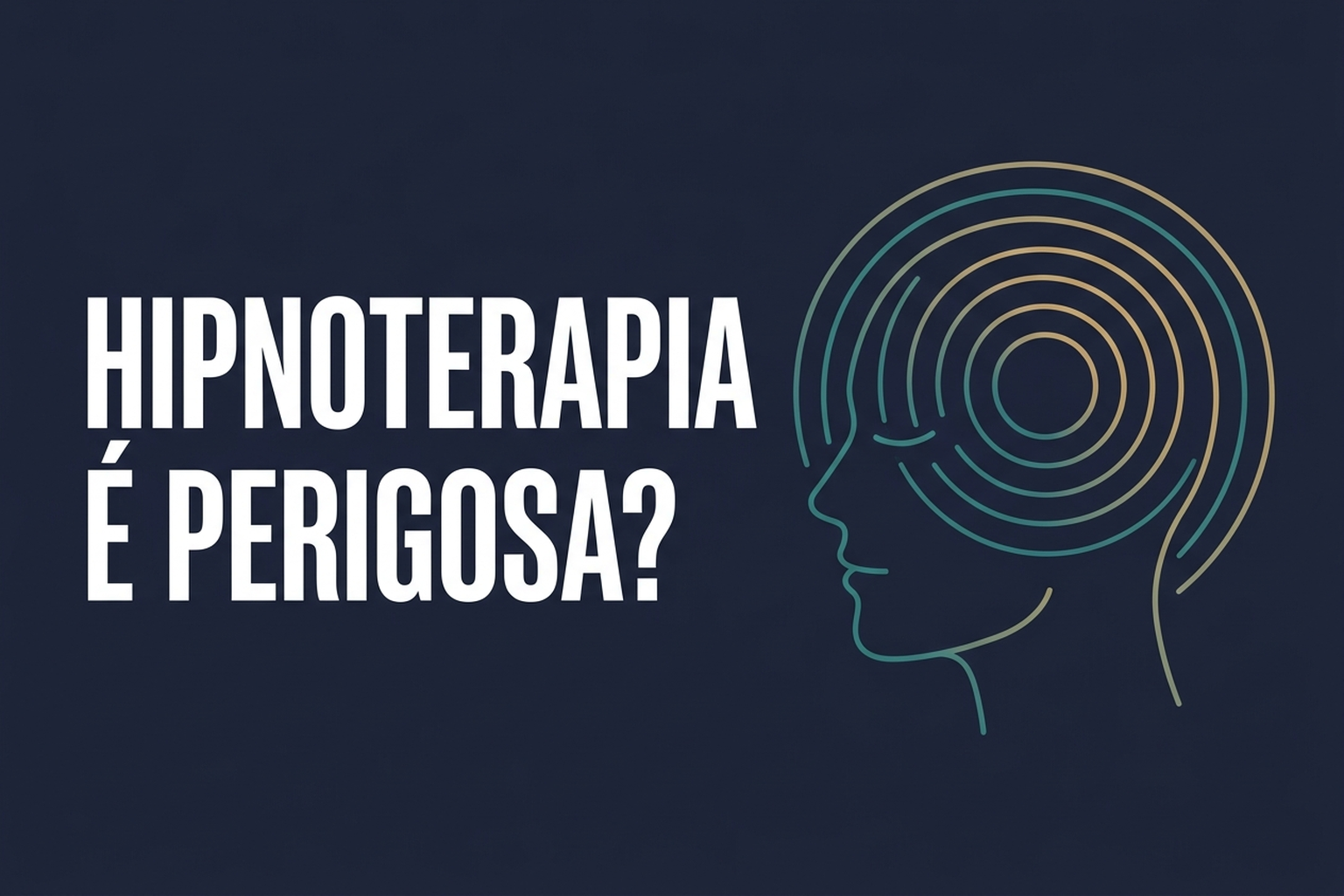 Ilustração editorial: cabeça humana em line-art com círculos concêntricos, fundo azul-marinho, sobre a segurança da hipnoterapia clínica.