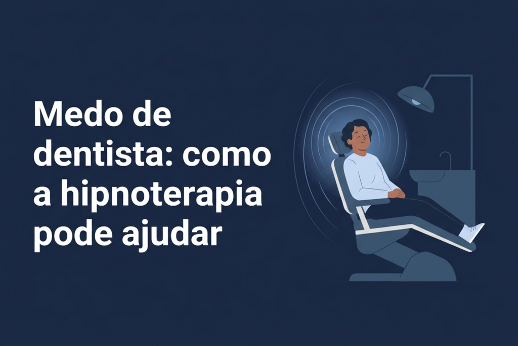 Ilustração de pessoa tranquila em cadeira odontológica com formas suaves representando alívio da ansiedade