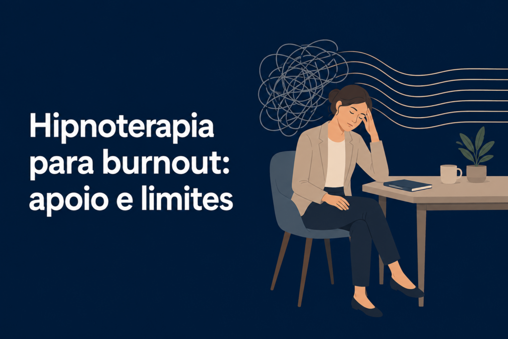 Profissional sentado diante de uma mesa, com linhas abstratas sugerindo sobrecarga e recuperação emocional