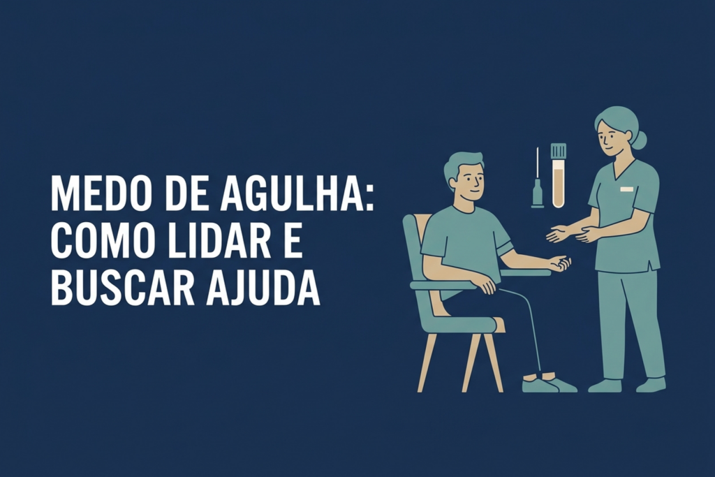 Ilustração editorial de uma pessoa tranquila ao lado de um profissional antes de uma coleta de sangue.