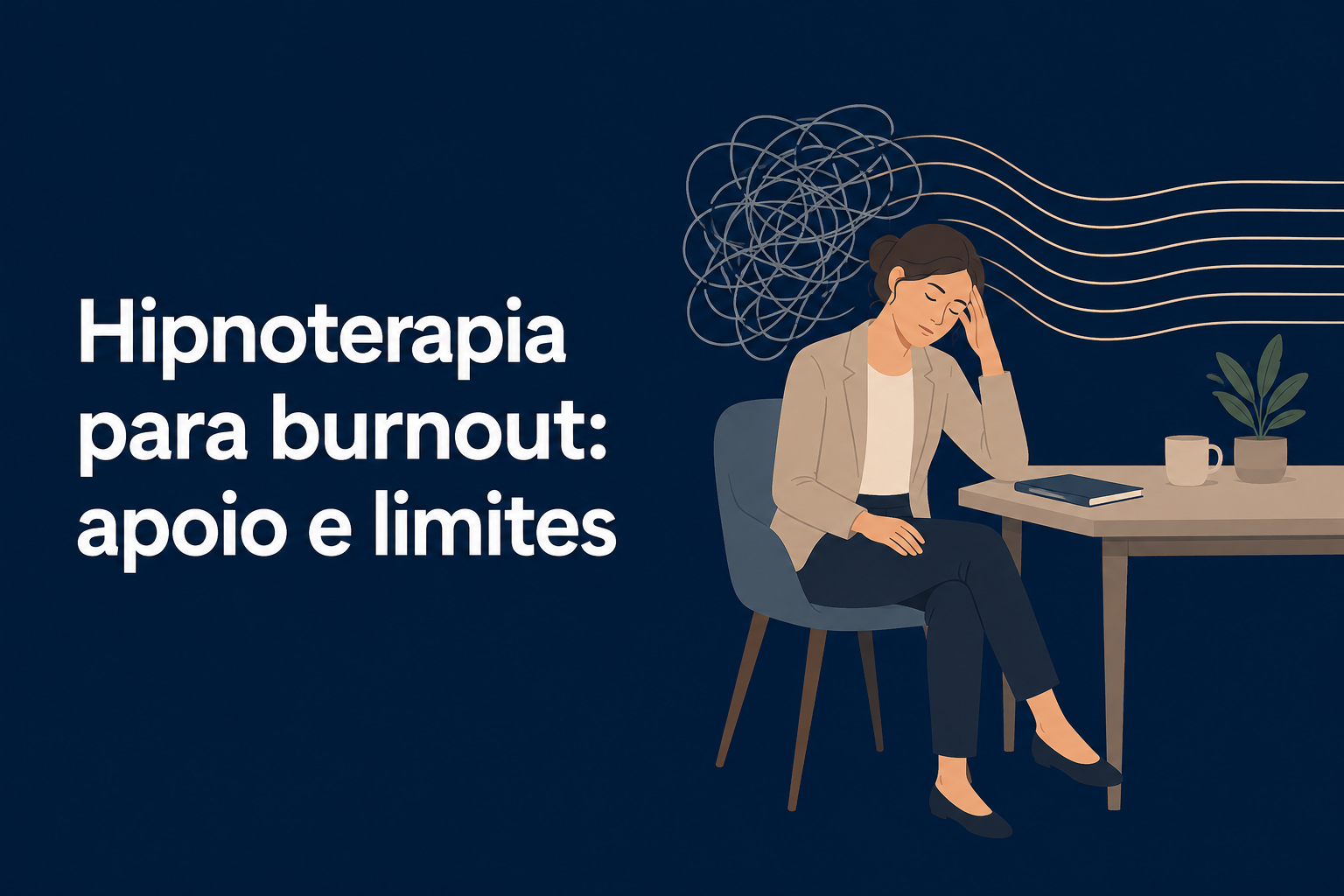 Profissional sentado diante de uma mesa, com linhas abstratas sugerindo sobrecarga e recuperação emocional
