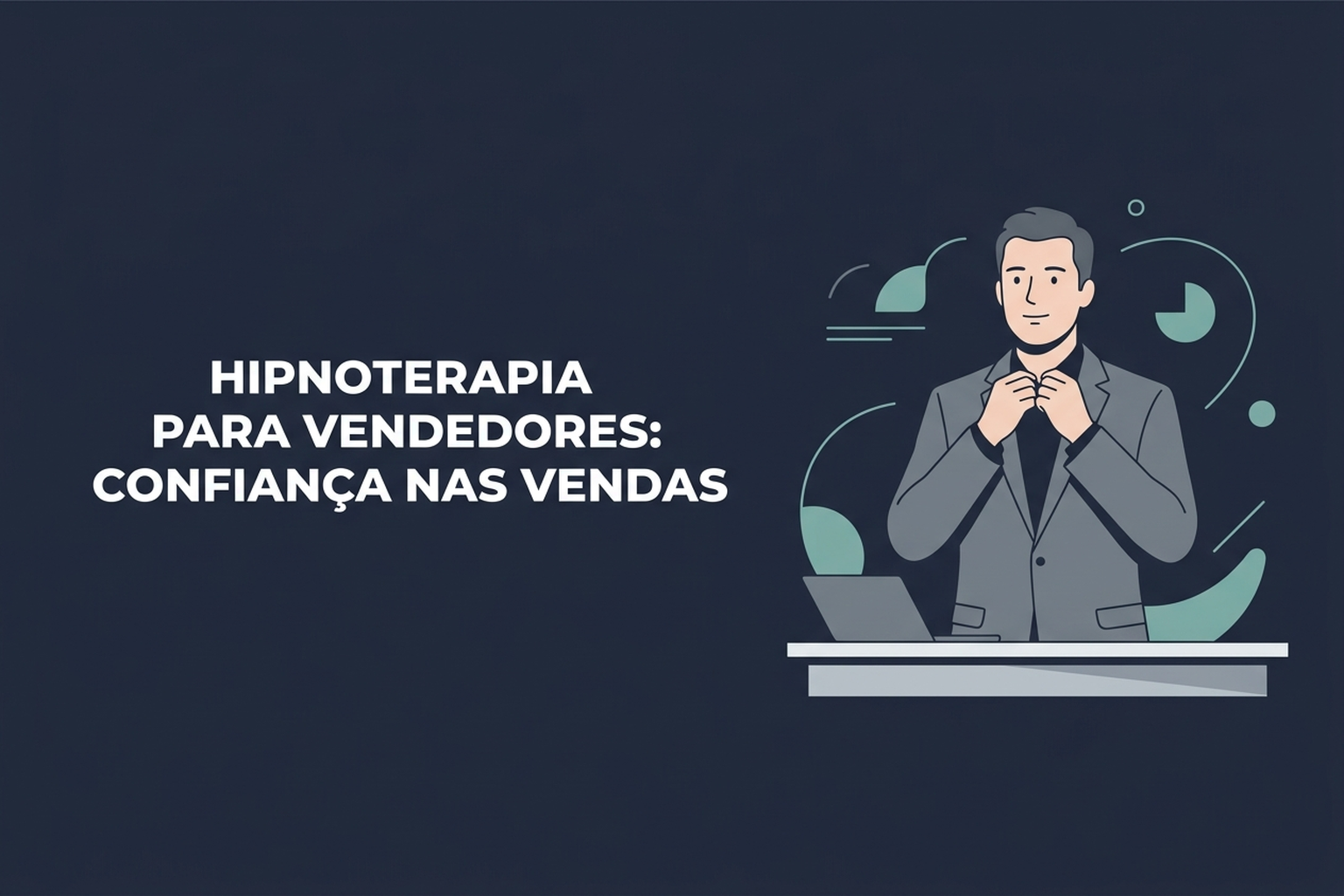 Ilustração vetorial de um vendedor sereno diante de formas abstratas que sugerem confiança