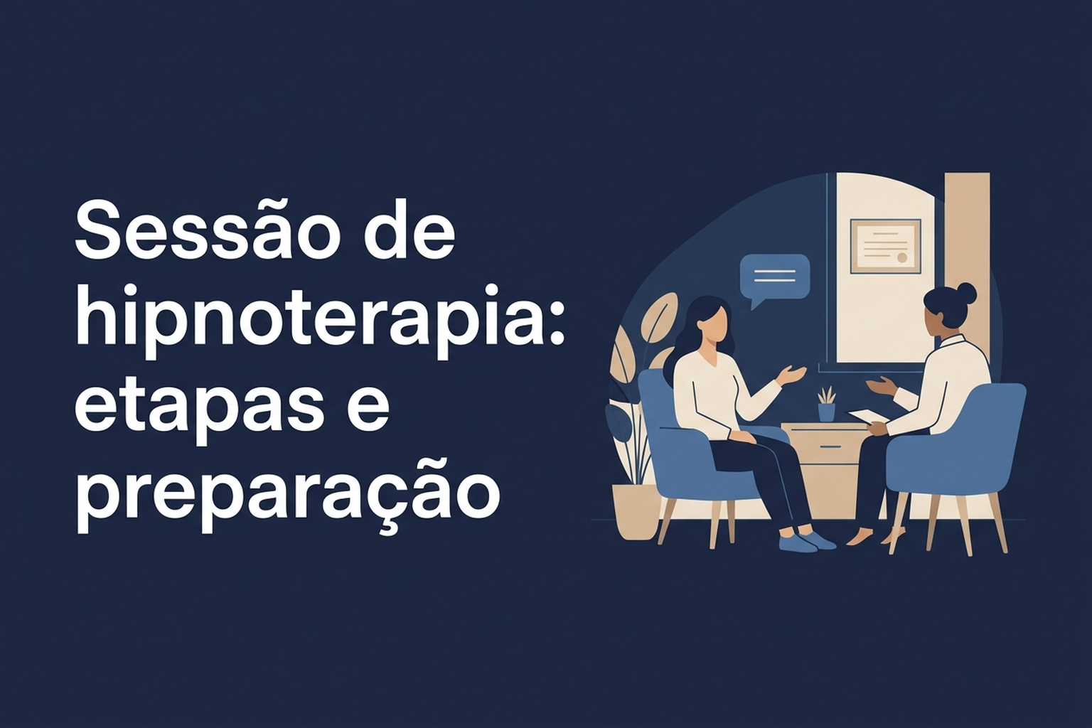 Ilustração de uma conversa acolhedora entre paciente e hipnoterapeuta em um consultório.