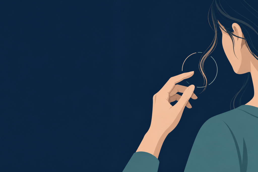 Ilustração editorial de fios de cabelo e mão interrompendo um gesto repetitivo