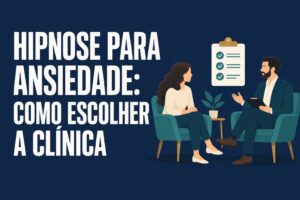 Ilustração de uma conversa entre paciente e profissional, com checklist para escolher uma clínica de hipnose para ansiedade.