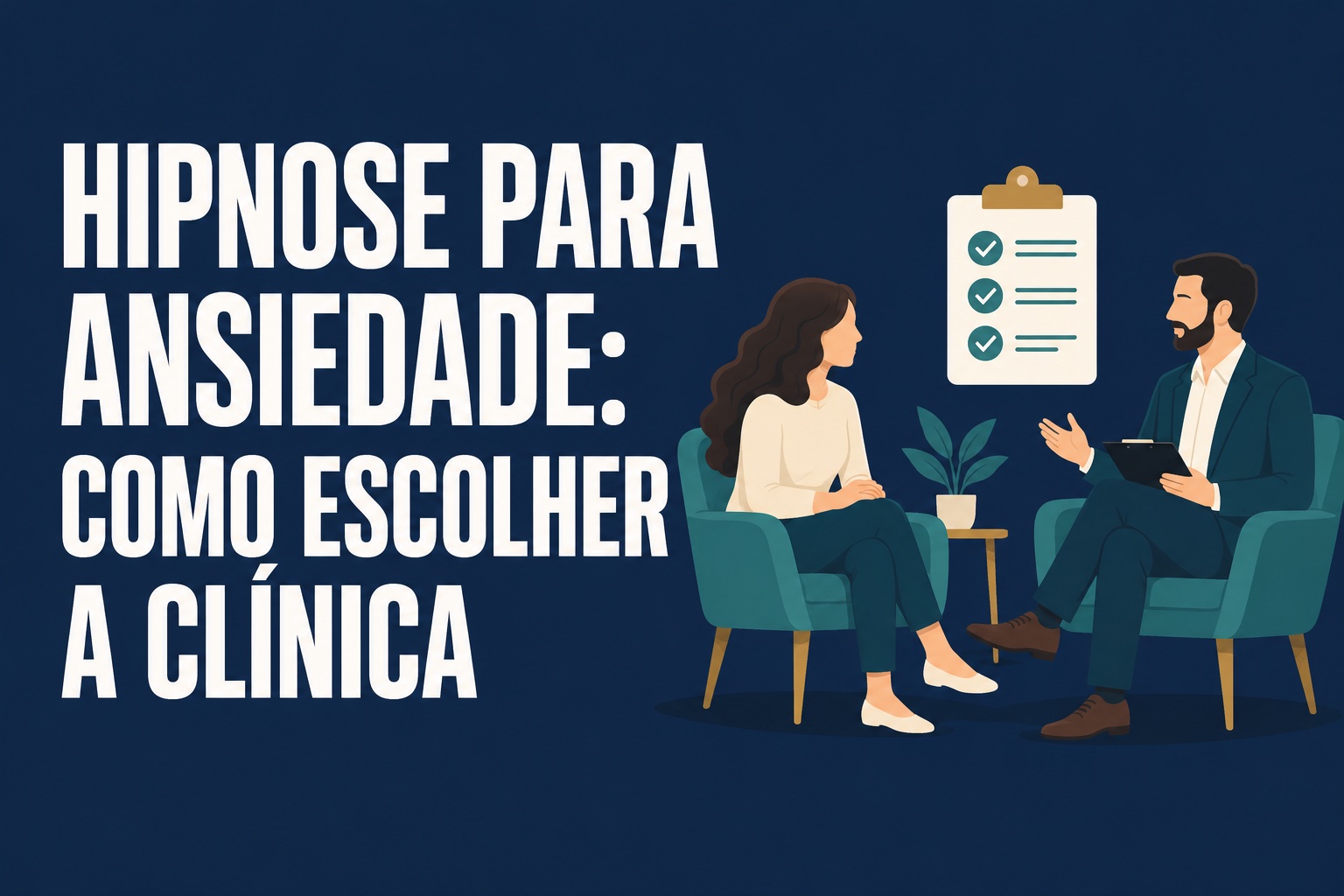 Ilustração de uma conversa entre paciente e profissional, com checklist para escolher uma clínica de hipnose para ansiedade.