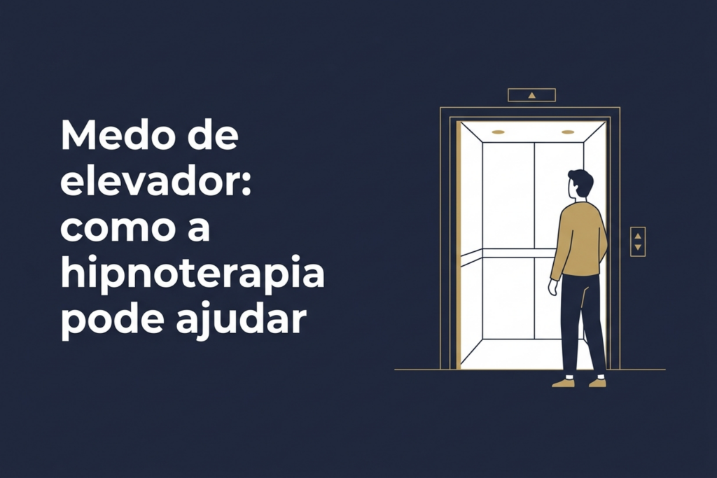 Ilustração de uma pessoa diante de um elevador aberto, em fundo azul escuro com detalhes dourados.
