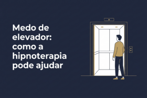 Ilustração de uma pessoa diante de um elevador aberto, em fundo azul escuro com detalhes dourados.