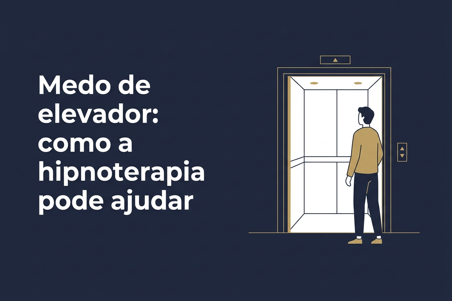 Ilustração de uma pessoa diante de um elevador aberto, em fundo azul escuro com detalhes dourados.