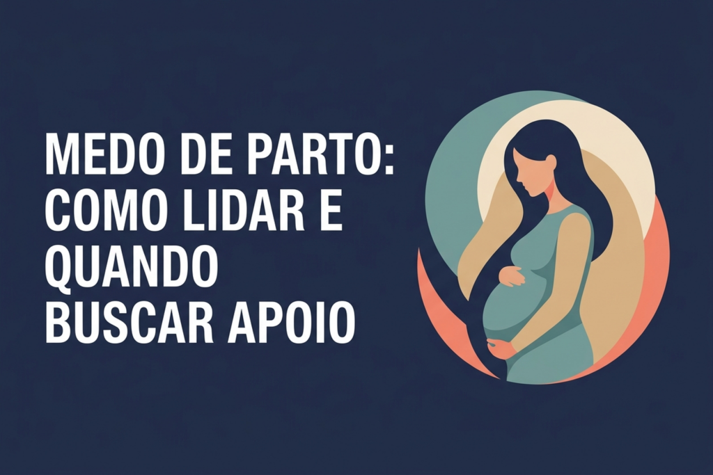 Ilustração de gestante acolhida por formas suaves que representam calma e apoio emocional